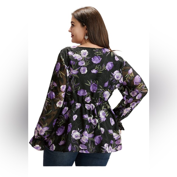 BloomChic Chiffon Floral Mesh Wrap Ruffle Hem Blouse. 18/20 NWT 2x - Picture 3 of 15